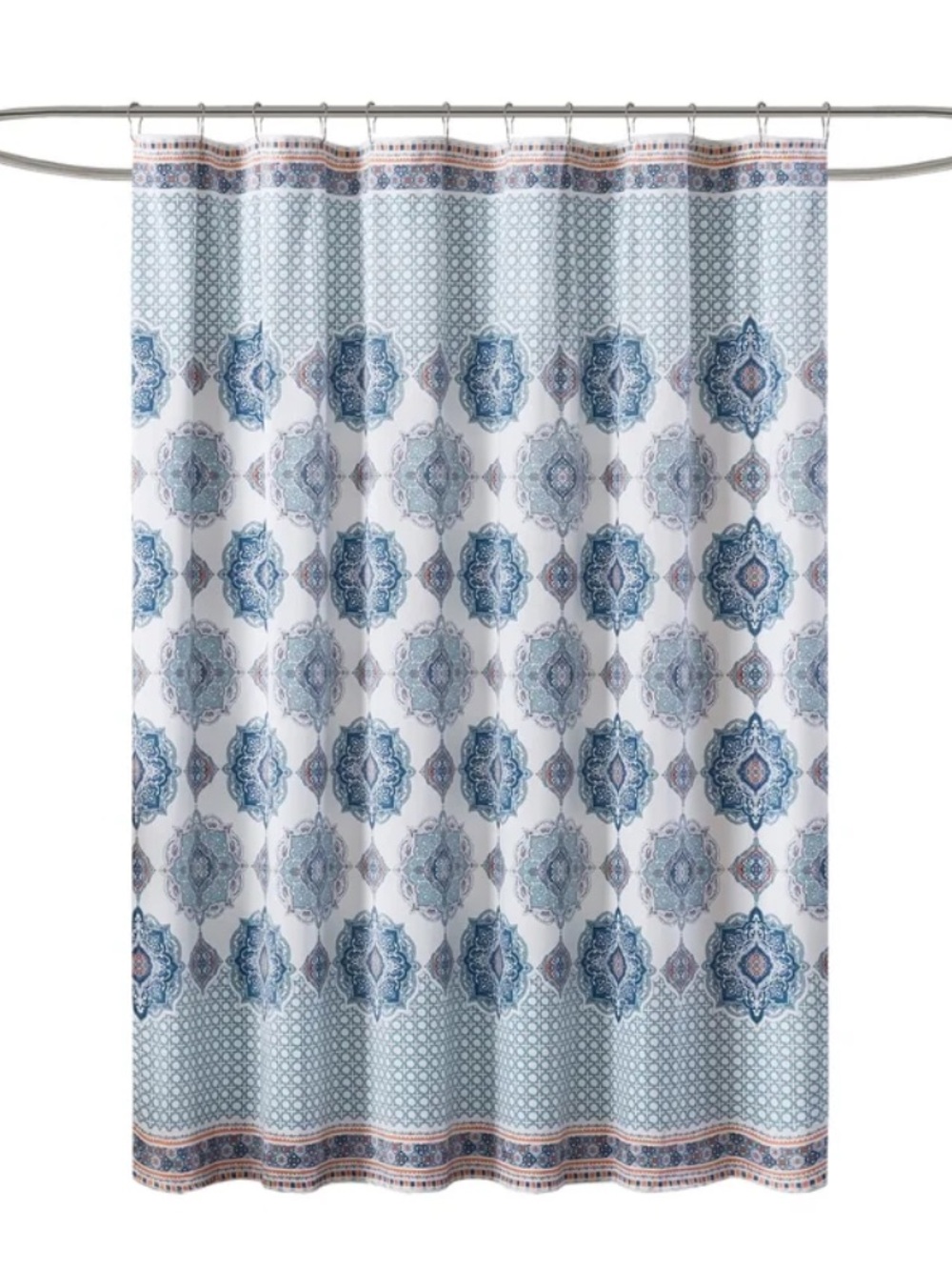 Mainstays Blue and White Medallion Shower Curtain with Coral Trim